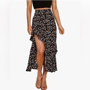 BTFBM Boho Long Floral Print Elastic Waist Split Ruffle Beach High Low Skirt, XL